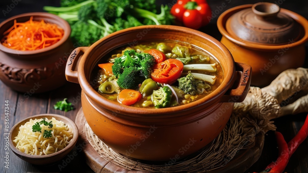 Clay Pot of Vegetable Soup with Broccoli, Carrots, and Tomatoes. Clay Pot of Vegetable Soup with Broccoli, Carrots, and Tomatoes.