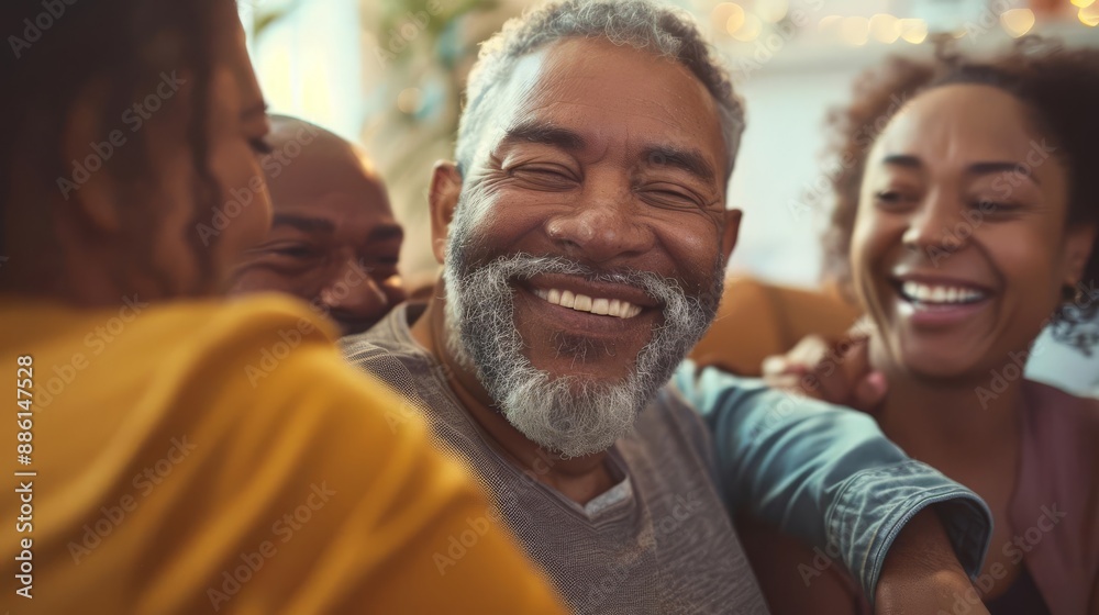 Happy people of different ages smiling and enjoying quality time together indoors, showing warmth and connection.