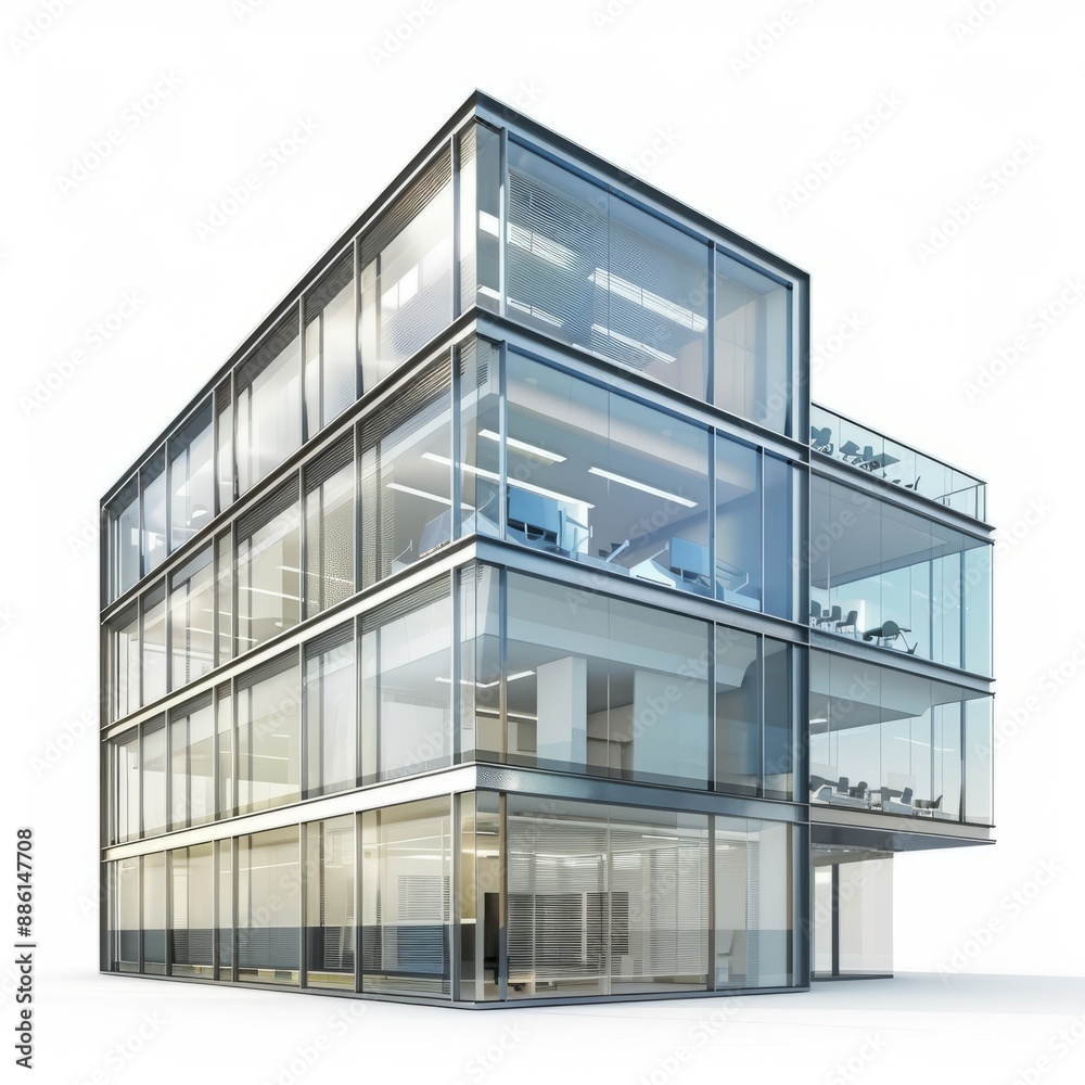 3D Render of a Minimalist Office Building with Glass Facade, on isolated white background, Generative AI 3D Render of a Minimalist Office Building with Glass Facade, on isolated white background, Generative AI