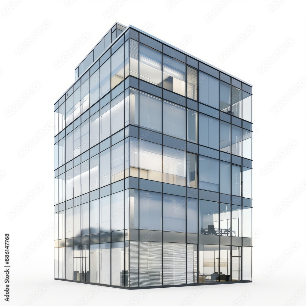 3D Render of a Minimalist Office Building with Glass Facade, on isolated white background, Generative AI 3D Render of a Minimalist Office Building with Glass Facade, on isolated white background, Generative AI