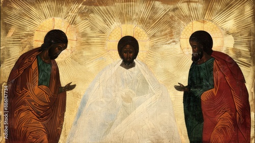 an icon of the Transfiguration of Jesus depicted in traditional Byzantine style with radiant light Moses and Elijah and a golden halo capturing a moment of divine revelation