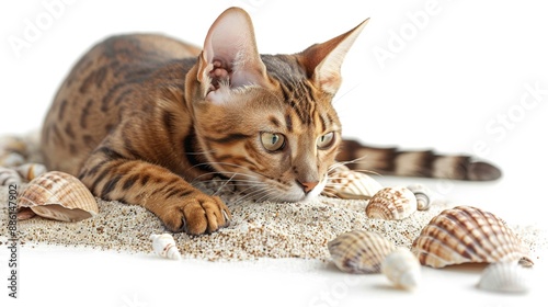 Bengal cat practicing flexibility exercises in an overtheshoulder shot with shells on sand Isolated white background, ample copy space photo