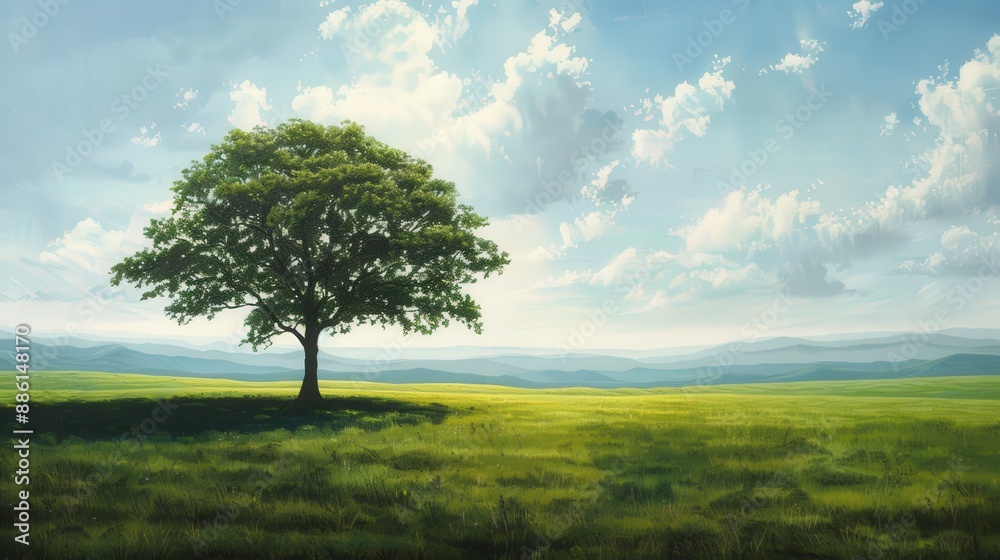Obraz premium Craft a harmonious composition featuring a single tree in a vast meadow of lush green grass, symbolizing resilience and natural balance.