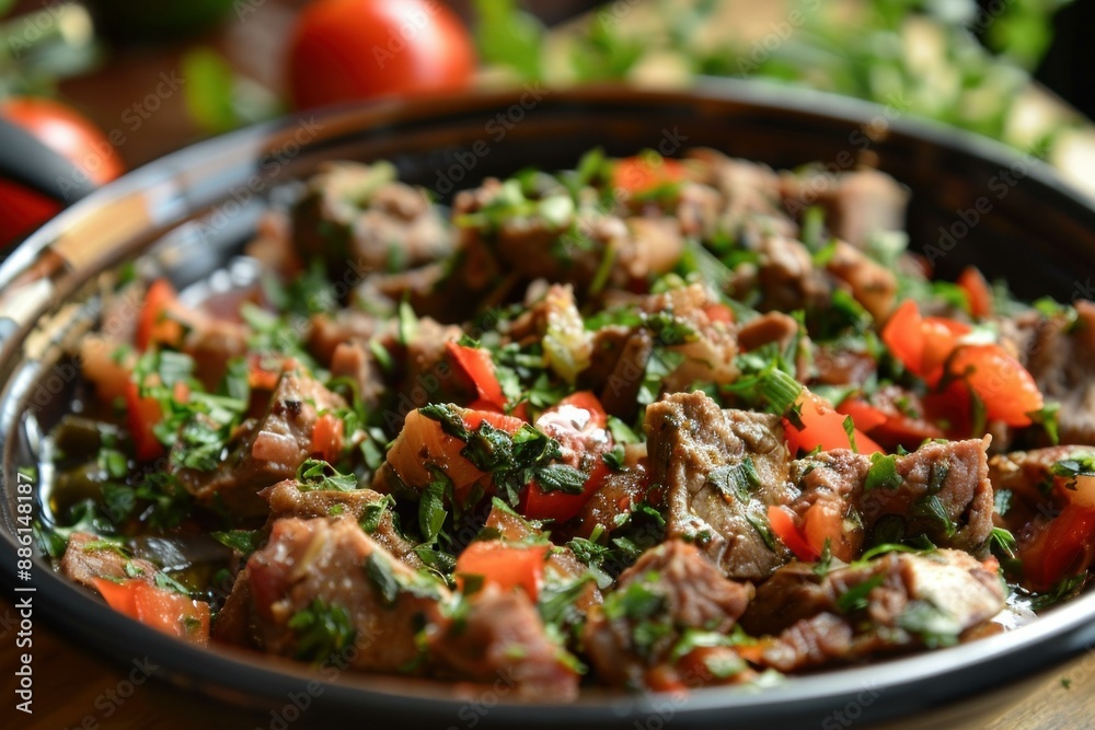 Aromatic beef stew simmering with fresh herbs and spices in a pan, showcasing the flavors of home cooking Aromatic beef stew simmering with fresh herbs and spices in a pan, showcasing the flavors of home cooking