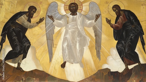 an icon of the Transfiguration of Jesus depicted in traditional Byzantine style with radiant light Moses and Elijah and a golden halo capturing a moment of divine revelation