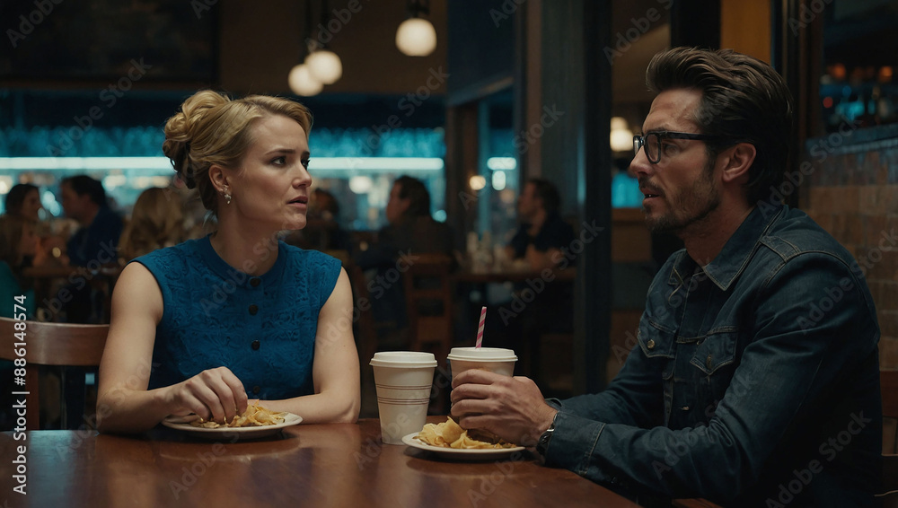 a man and a woman are sitting at a table in front of a store.
