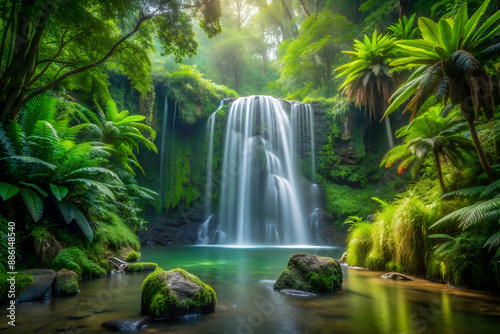 Lush Rainforest Waterfall with Moss-Covered Rocks and Dense Green Vegetation. photo