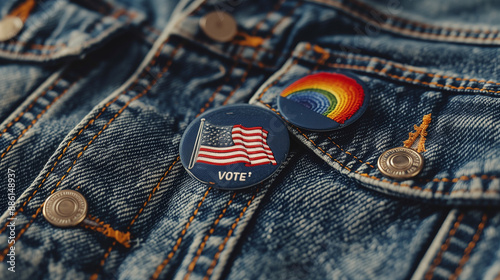 close up of political badges with American flag and rainbow, upcoming elections, lgbtq+ rights, civic duty, and equality photo