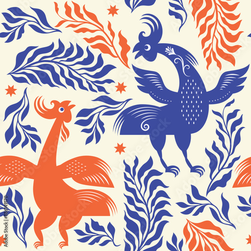 Seamless floral pattern with rooster, branches and leaves, elegance beautiful botanical pattern	
