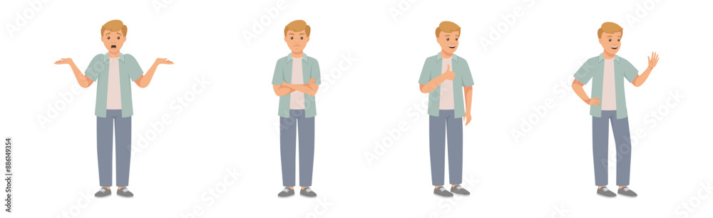Man Character in Casual Wear Standing with Different Gesture and Emotion Vector Illustration Set Man Character in Casual Wear Standing with Different Gesture and Emotion Vector Illustration Set
