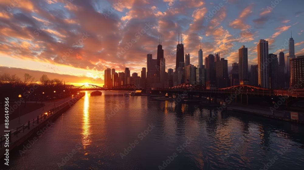 Create a panoramic view of the Chicago skyline during a vibrant sunrise, highlighting the city's architectural beauty.