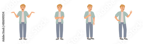 Man Character in Casual Wear Standing with Different Gesture and Emotion Vector Illustration Set