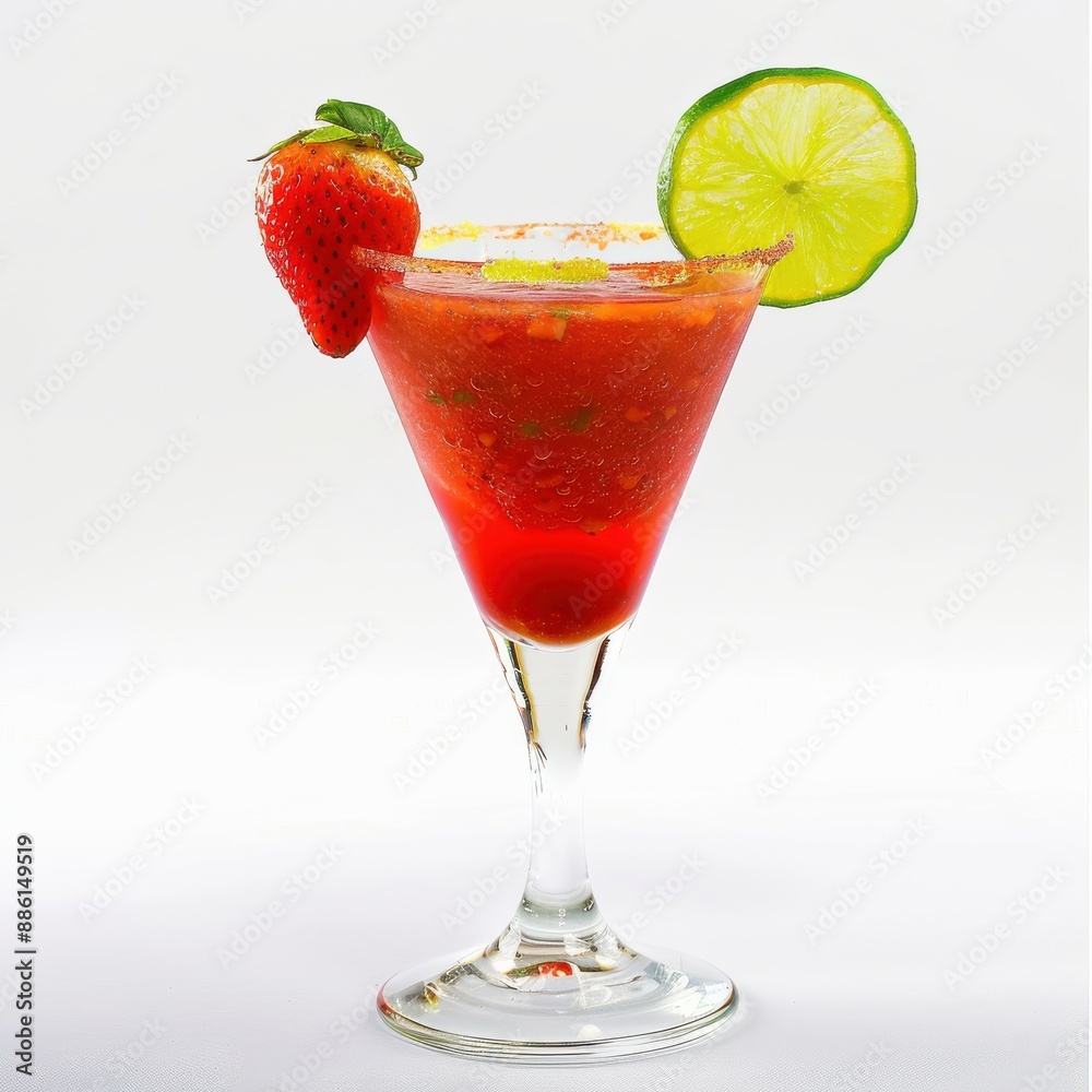 A chilled glass of strawberry daiquiri with a garnish of fresh strawberry and lime slice, isolated on a white background A chilled glass of strawberry daiquiri with a garnish of fresh strawberry and lime slice, isolated on a white background