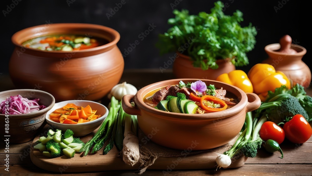 Clay Pot of Soup with Fresh Vegetables. Clay Pot of Soup with Fresh Vegetables.