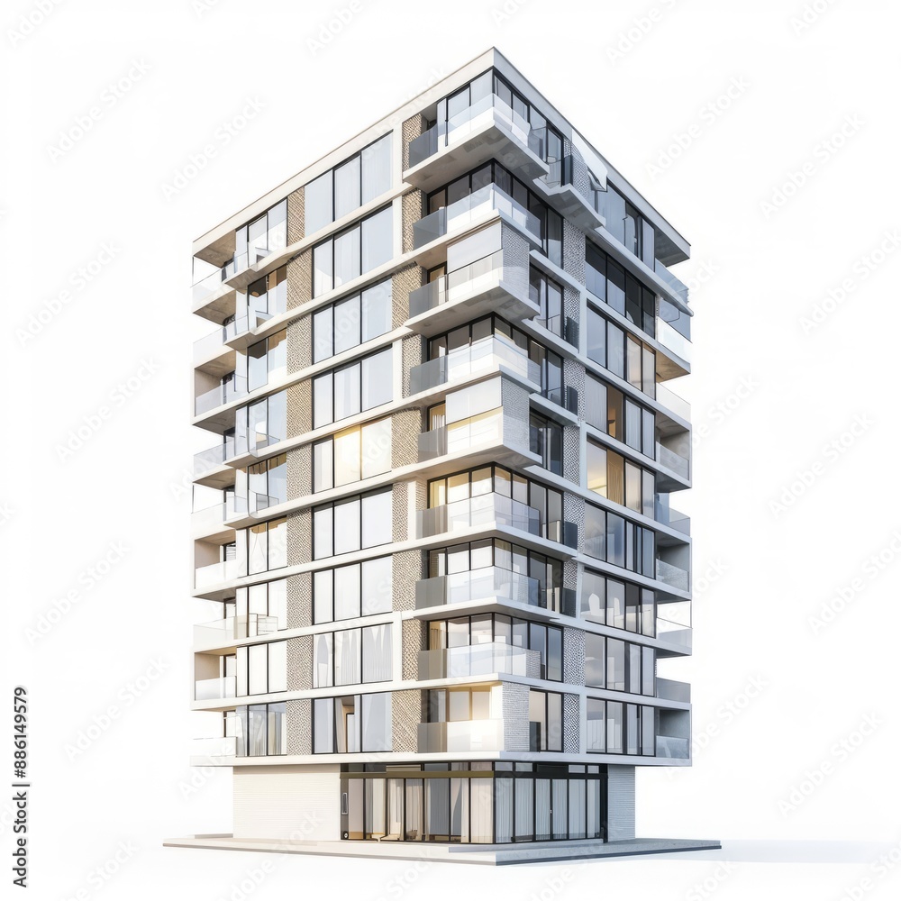 3D Render of a Minimalist Residential Skyscraper with Modular Units, on isolated white background, Generative AI 3D Render of a Minimalist Residential Skyscraper with Modular Units, on isolated white background, Generative AI