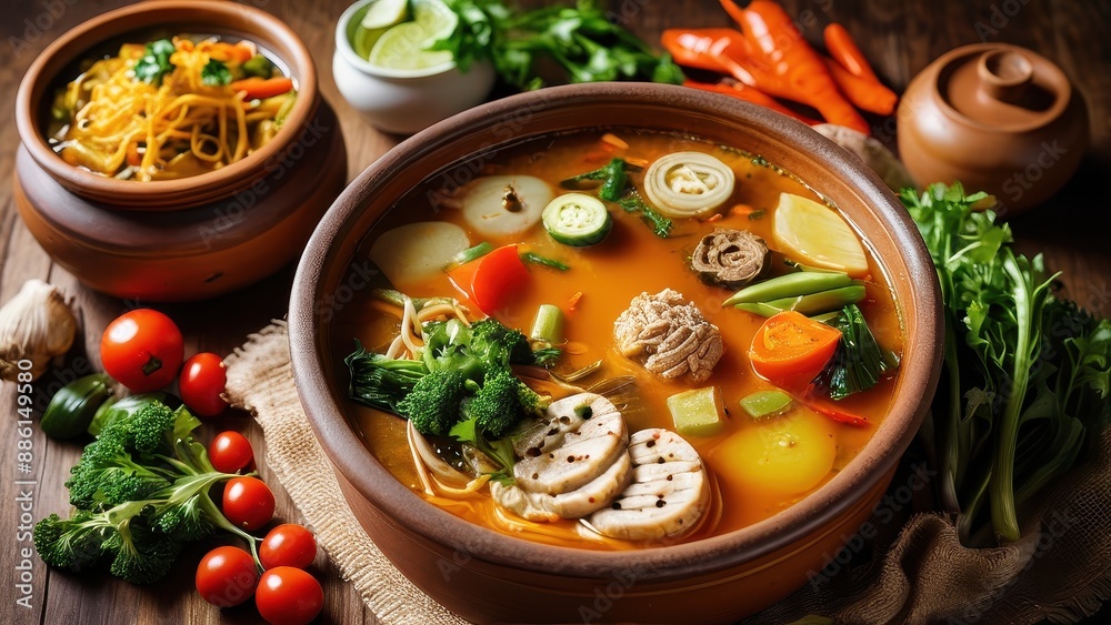 Delicious vegetable soup with meat in a rustic bowl. Delicious vegetable soup with meat in a rustic bowl.