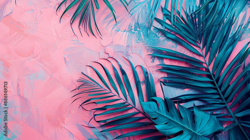 Ultra HD palm tree leaves on a watermelon pink and cerulean blue background, simple and vibrant Ultra HD palm tree leaves on a watermelon pink and cerulean blue background, simple and vibrant