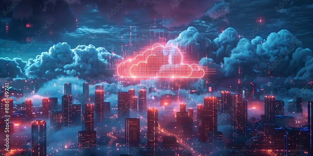 Fototapeta premium Dynamic City with Vibrant Cloud Data Overlays Urban Futuristic Landscape at Night