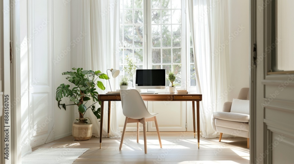 Minimalist home office with a sleek desk and ample natural light, creating a productive space Minimalist home office with a sleek desk and ample natural light, creating a productive space