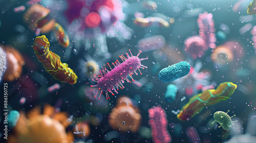 3D Illustration of Bacteriophage and Viruses. Colorful bacteria and cells in the human body, close-up view. Microscopic Bacteria. Molecules virus cell. Medical health concept. Science microbes 3D Illustration of Bacteriophage and Viruses. Colorful bacteria and cells in the human body, close-up view. Microscopic Bacteria. Molecules virus cell. Medical health concept. Science microbes