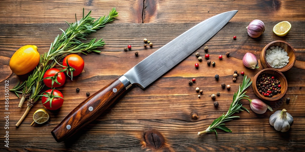Stainless steel knife with wooden handle on table with ingredients, knife, stainless steel, wooden handle Stainless steel knife with wooden handle on table with ingredients, knife, stainless steel, wooden handle