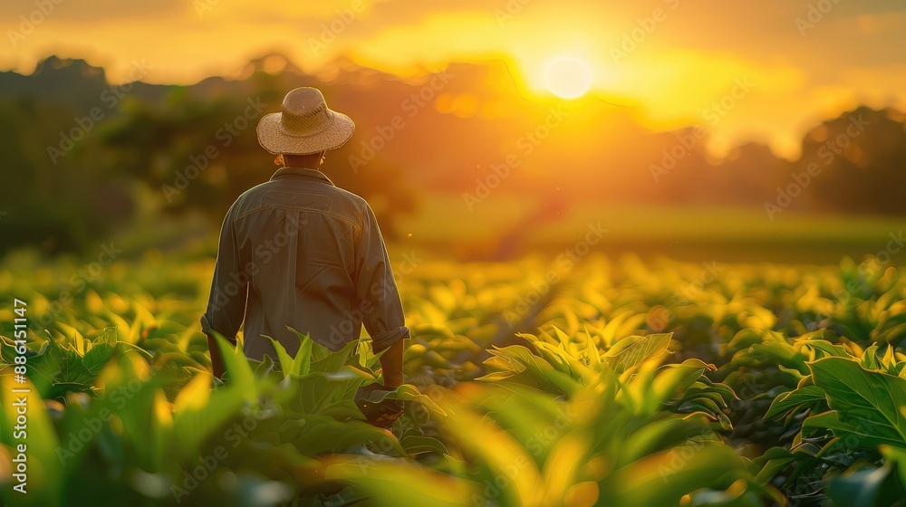 A farmer in a lush, vibrant field harvesting crops under the golden sun, emphasizing the labor and care in agriculture A farmer in a lush, vibrant field harvesting crops under the golden sun, emphasizing the labor and care in agriculture