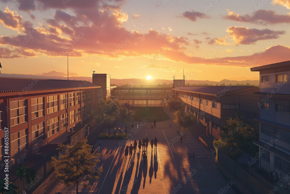 Obraz premium A group of people are walking down a street in front of a building with a sunset