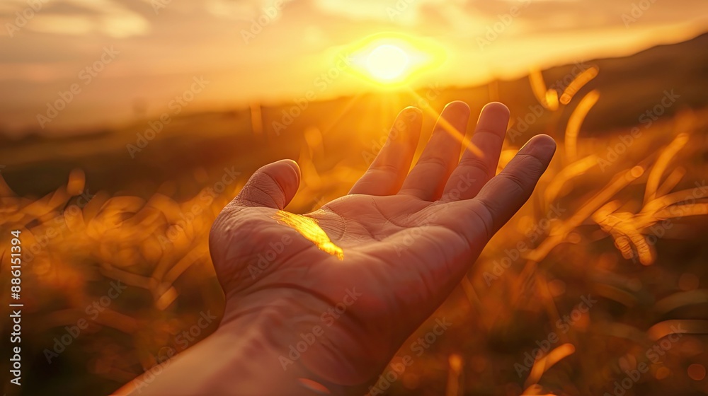 Open hand in the golden light of sunset, representing dreams and possibilities Open hand in the golden light of sunset, representing dreams and possibilities