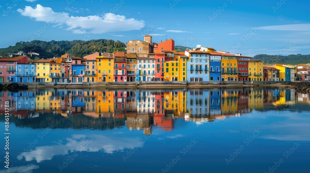 Picturesque Bosa town with vibrant houses mirrored in the Temo River Picturesque Bosa town with vibrant houses mirrored in the Temo River