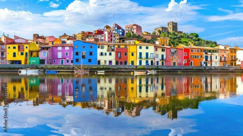 Fototapeta Naklejka Na Ścianę i Meble -  Picturesque Bosa town with vibrant houses mirrored in the Temo River