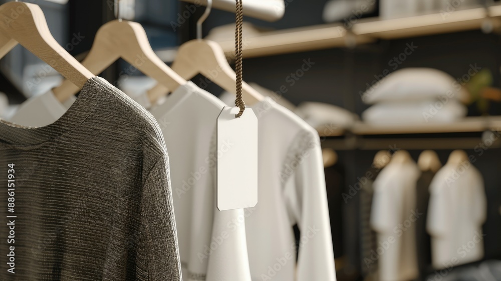 Obraz premium Price tag mockup hanging from garments in a chic boutique