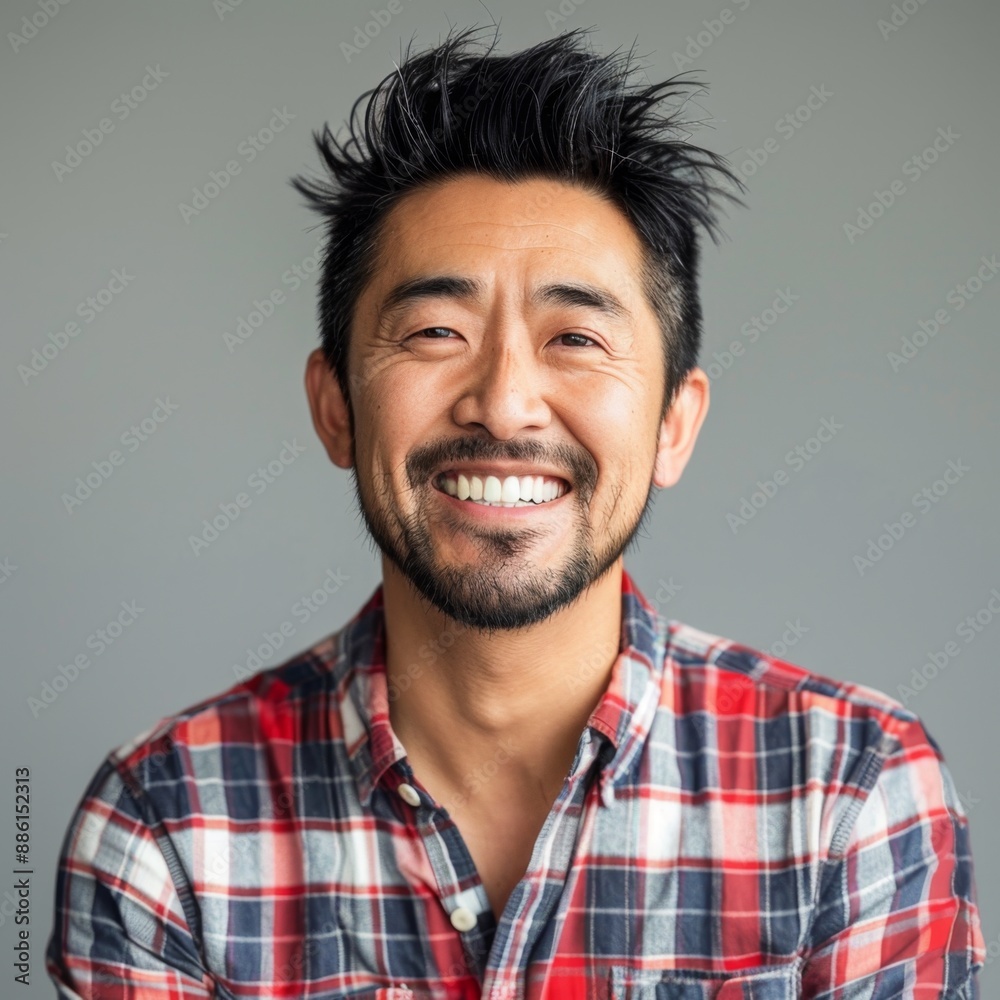 Obraz premium Smiling Man in Plaid Shirt, Asian Programmer Working with Artificial Intelligence. Chinese, Japanese, Korean, AI-Generated, 4K High-Resolution Wallpaper