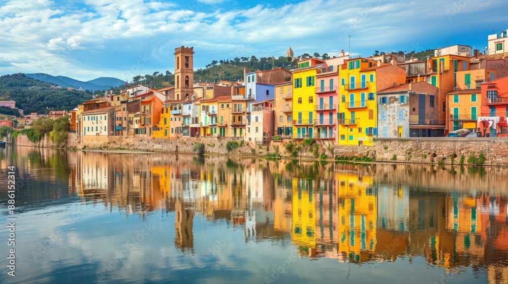 Fototapeta premium Scenic view of the old town of Bosa, with colorful houses reflecting in the Temo River