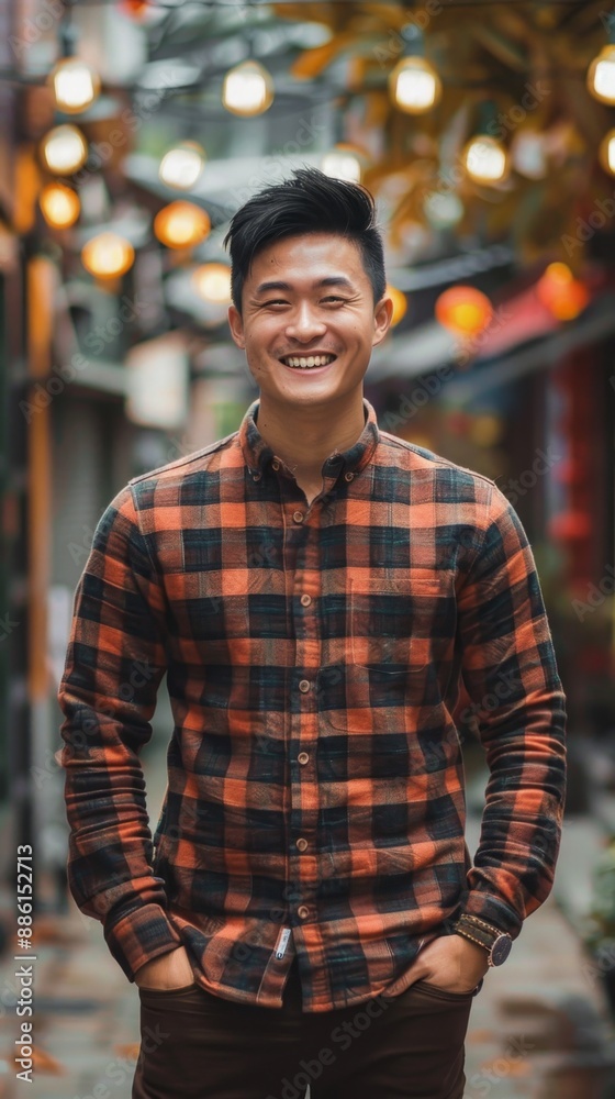 Fototapeta premium Smiling Man in Plaid Shirt, Asian Programmer Working with Artificial Intelligence. Chinese, Japanese, Korean, AI-Generated, 4K High-Resolution Wallpaper