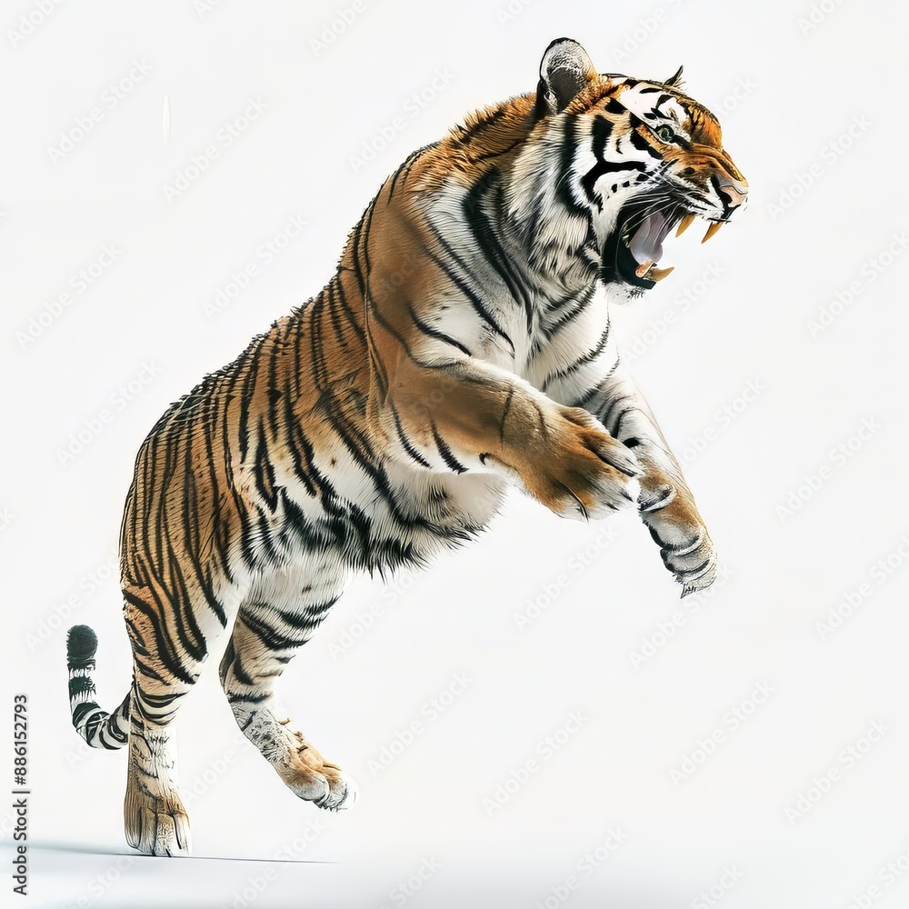 Obraz premium Tiger Leaping with Open Jaws and Sharp Teeth
