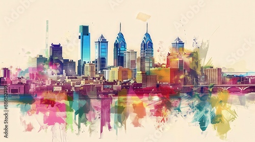 Create an artistic interpretation of the Philadelphia skyline with vibrant, abstract elements enhancing the scene. photo