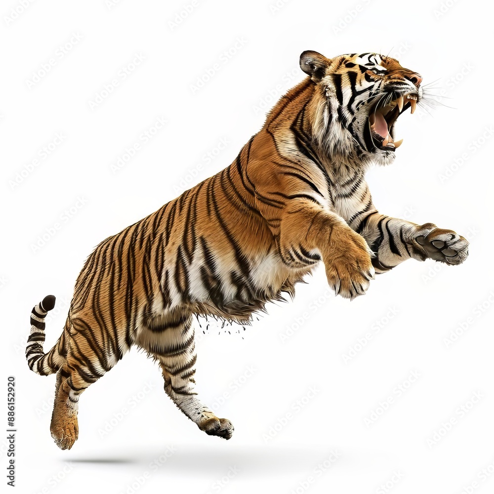 Obraz premium Tiger Leaping MidAir With Open Jaws And Sharp Teeth