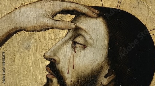 an icon of the Baptism of Jesus depicted in traditional Byzantine style with John the Baptist the Jordan River and a golden halo capturing a moment of spiritual significance