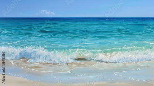 Tranquil beach scene with crystal-clear waters and gentle waves