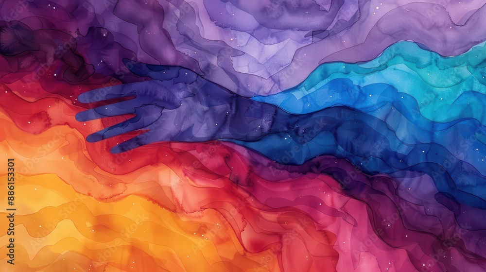 Abstract watercolor painting of a hand reaching out from a colorful background. Wall art, website, and media decor. Commercial use, 300 dpi Abstract watercolor painting of a hand reaching out from a colorful background. Wall art, website, and media decor. Commercial use, 300 dpi