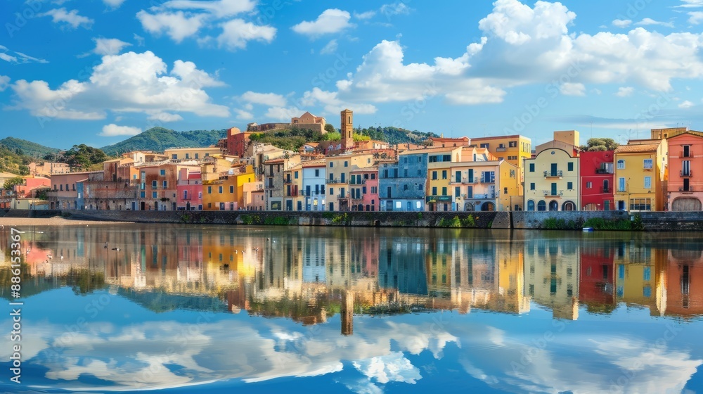Fototapeta premium Vibrant houses of Bosa town reflected in the Temo River, picturesque view