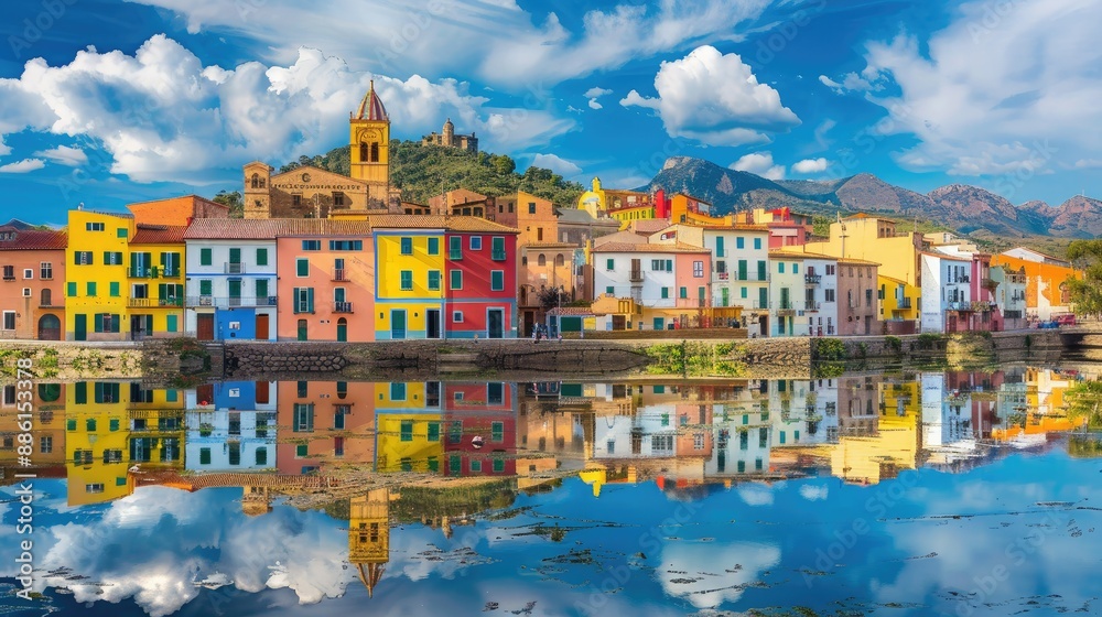 Fototapeta premium Vibrant houses of Bosa town reflected in the Temo River, picturesque view