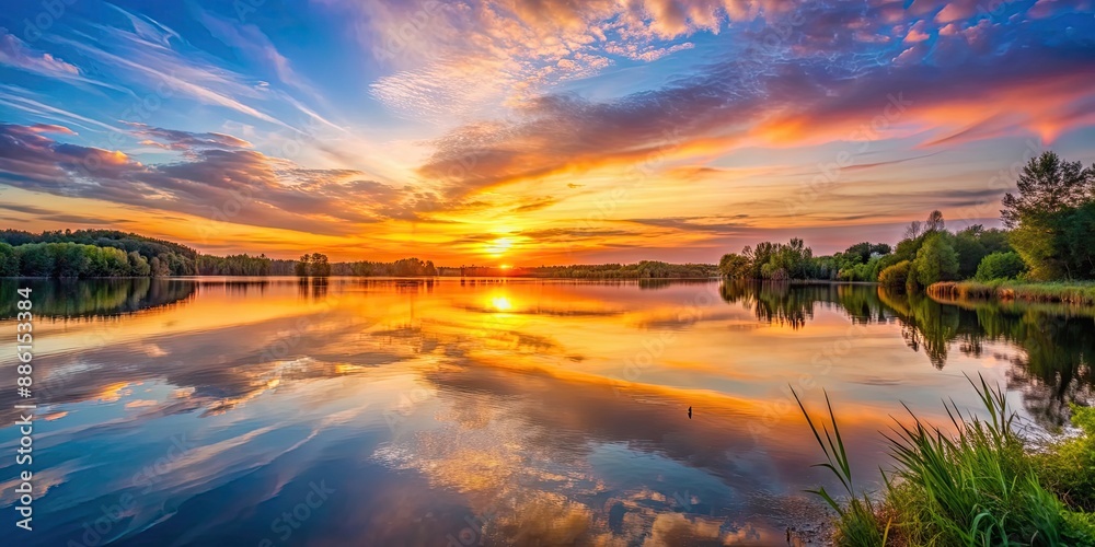 Beautiful sunset scene over a tranquil lake , sunset, lake, water, reflection, sky, clouds, dusk, evening, peaceful, serene Beautiful sunset scene over a tranquil lake , sunset, lake, water, reflection, sky, clouds, dusk, evening, peaceful, serene