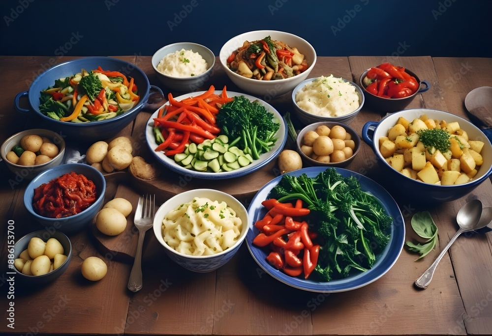 A variety of healthy vegetarian dishes including a large bowl of stir-fried vegetables with peppers, onions, and greens, a bowl of boiled potatoes, a bowl of fresh herbs, and other side dishes on a ru A variety of healthy vegetarian dishes including a large bowl of stir-fried vegetables with peppers, onions, and greens, a bowl of boiled potatoes, a bowl of fresh herbs, and other side dishes on a ru