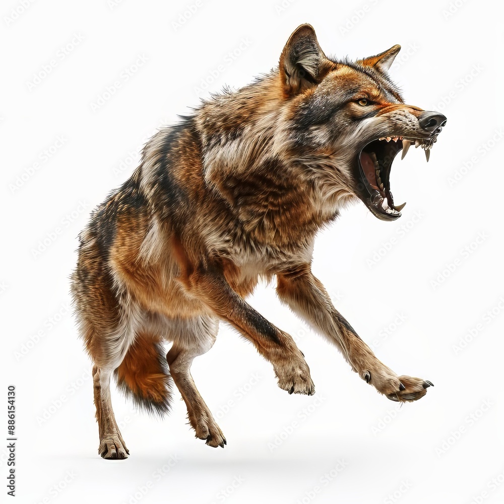 Fototapeta premium Detailed illustration of a snarling wolf with fur in shades of brown and black