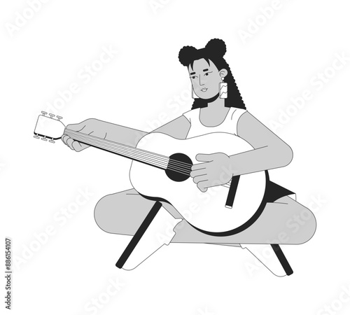 Young latina woman playing guitar black and white 2D cartoon character. Hispanic female guitarist musical instrument isolated vector outline person. Strumming strings monochromatic spot illustration