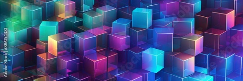 A colorful abstract background featuring multiple glowing cubes in shades of blue, green, purple, and pink