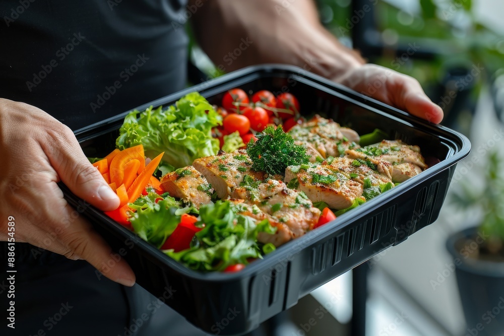Man holding a plastic black container box with healthy fitness meal including white meat, fresh green salad and vegetables. Tasty lunch with high protein foods, for muscle building, gym interior Man holding a plastic black container box with healthy fitness meal including white meat, fresh green salad and vegetables. Tasty lunch with high protein foods, for muscle building, gym interior