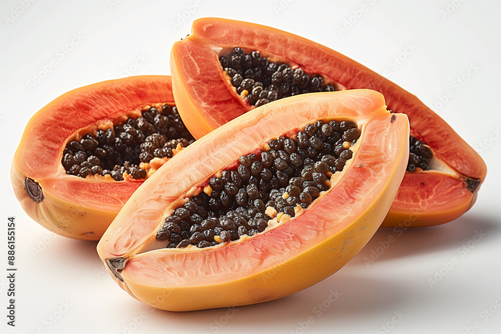 Cut Papaya over white table background for tropical fruit design concept, top view copy space. Cut Papaya over white table background for tropical fruit design concept, top view copy space.
