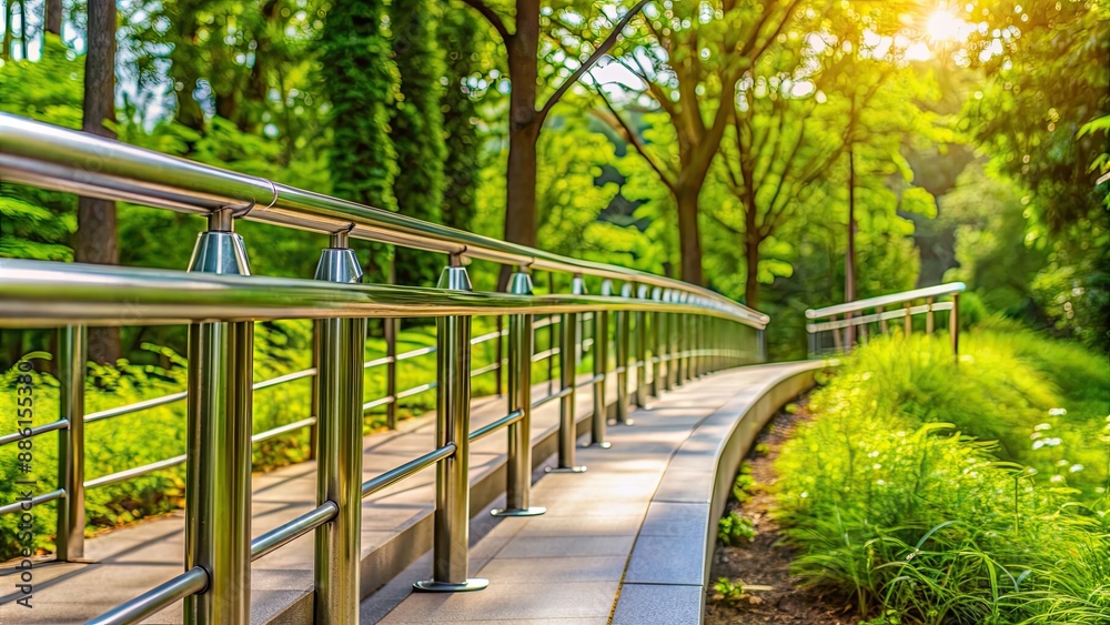 Metal handrails reflecting bright daylight on a public path surrounded by greenery, bright, daylight, shining, metal, handrails Metal handrails reflecting bright daylight on a public path surrounded by greenery, bright, daylight, shining, metal, handrails